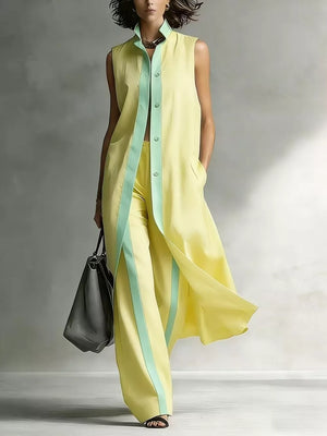 Sleeveless Longline Vest And Wide-leg Pants Set in Yellow