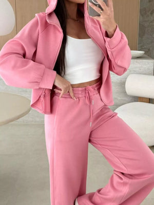 Dusty pink relaxed fit zip-up hoodie and drawstring pants set.