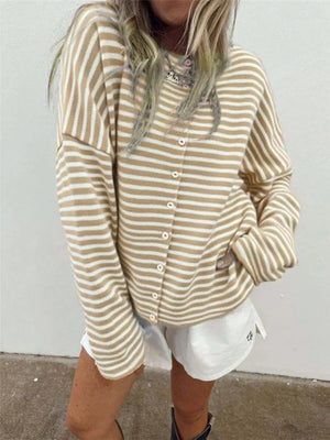 Striped Knit Button Up Cardigan in Red
