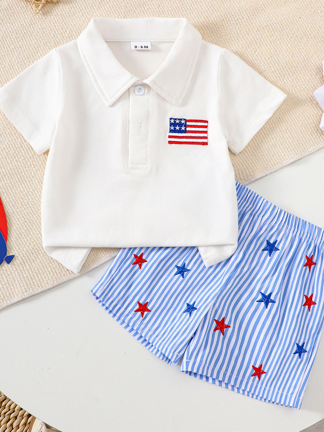 Baby patriotic outfit set with embroidered US flag polo shirt and striped star shorts