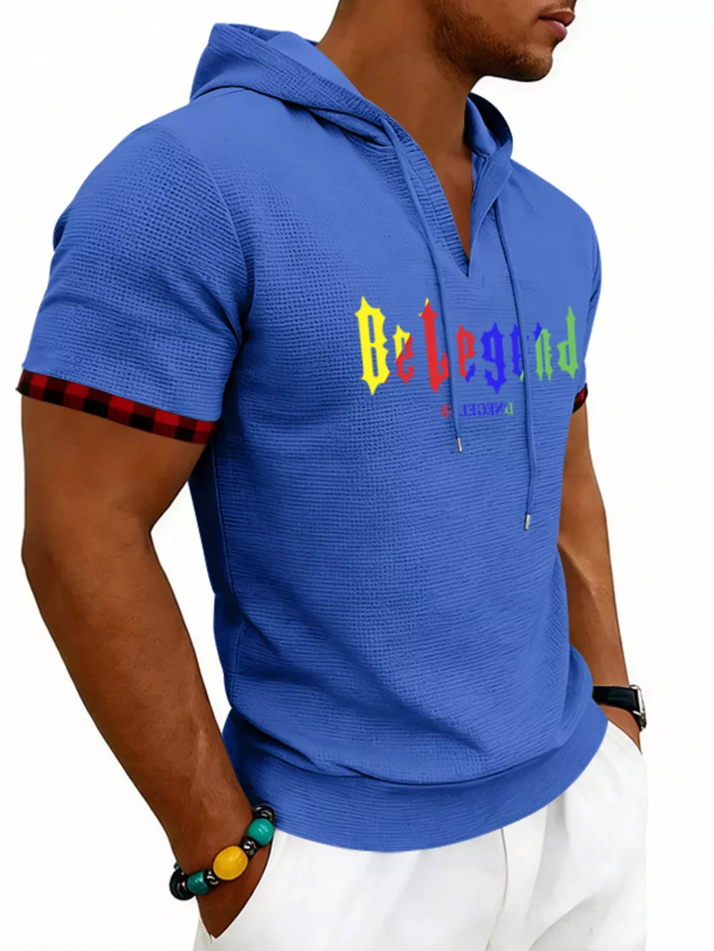 Men's Full Size Letter Graphic Short Sleeve Hooded Top in Royal Blue, view 11