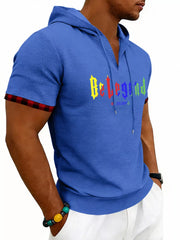Men's Full Size Letter Graphic Short Sleeve Hooded Top in Royal Blue, view 11
