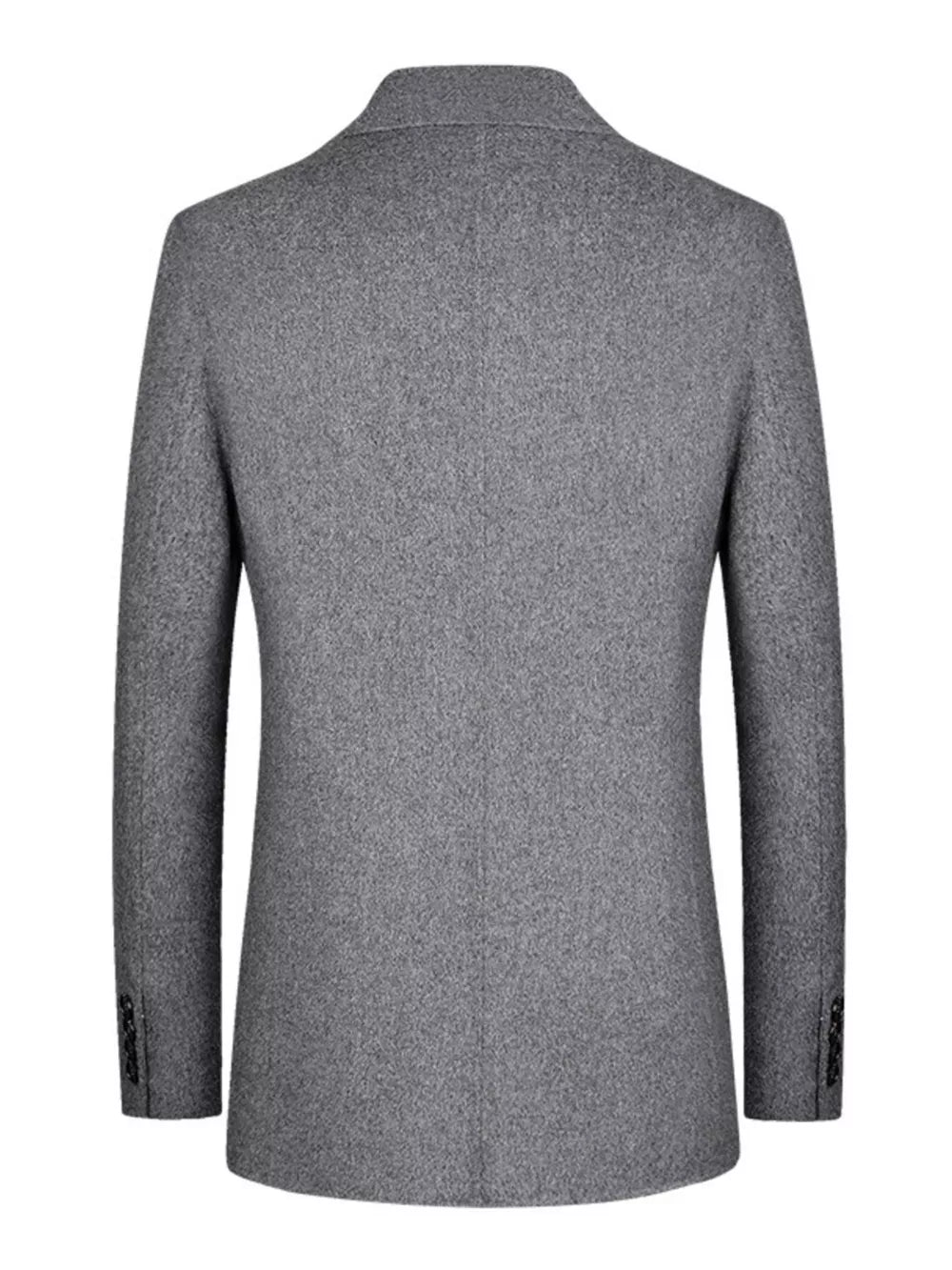 Grey wool classic fit men's blazer with button detail on sleeve cuff.