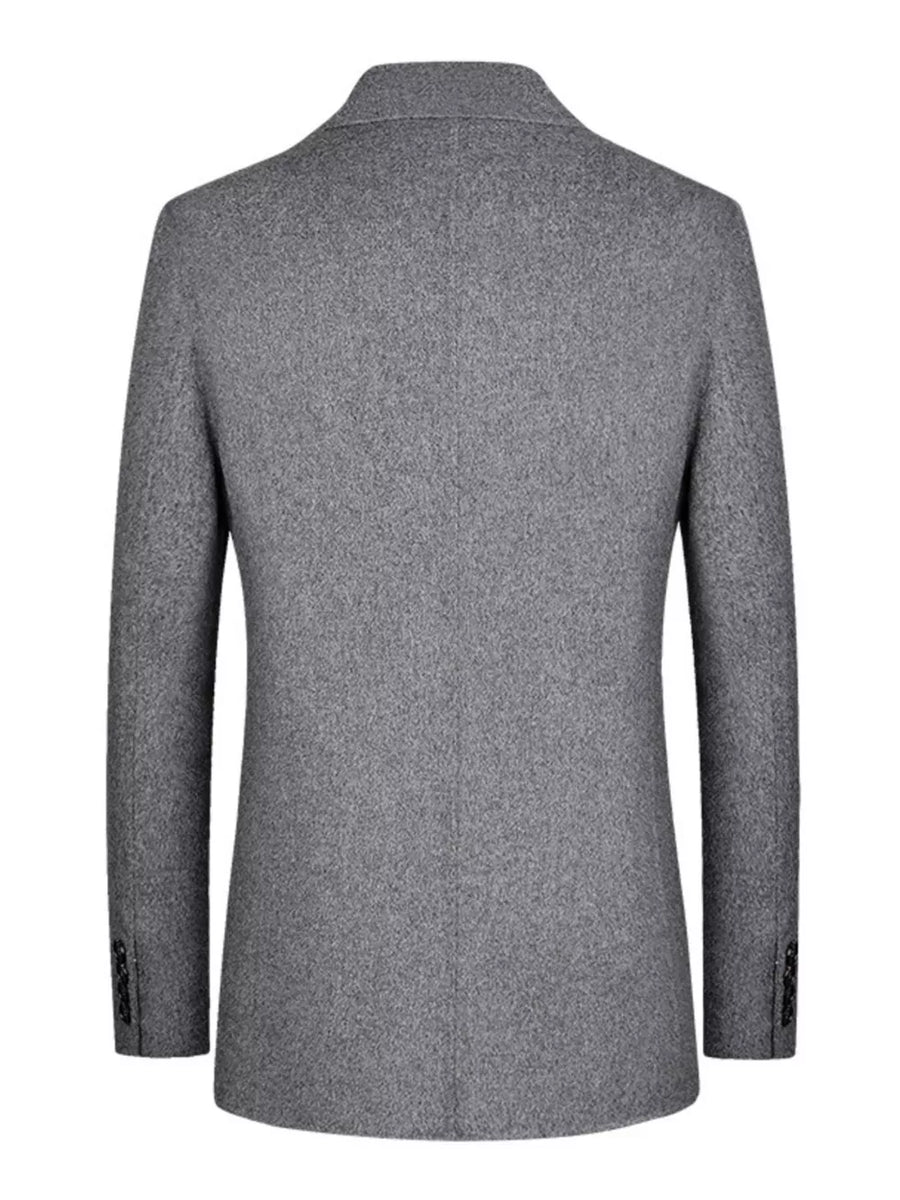Grey wool classic fit men's blazer with button detail on sleeve cuff.