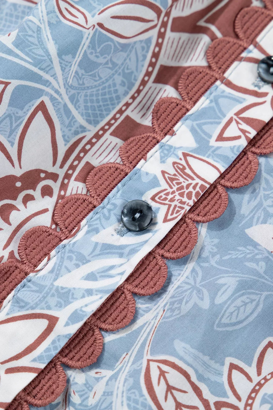 Blue floral cotton button-up shirt with scalloped trim detail