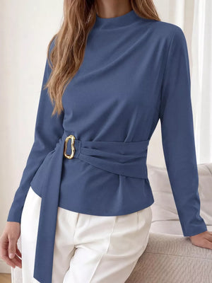 Mock Neck Blouse With Metal Buckle Waist in Black with tied