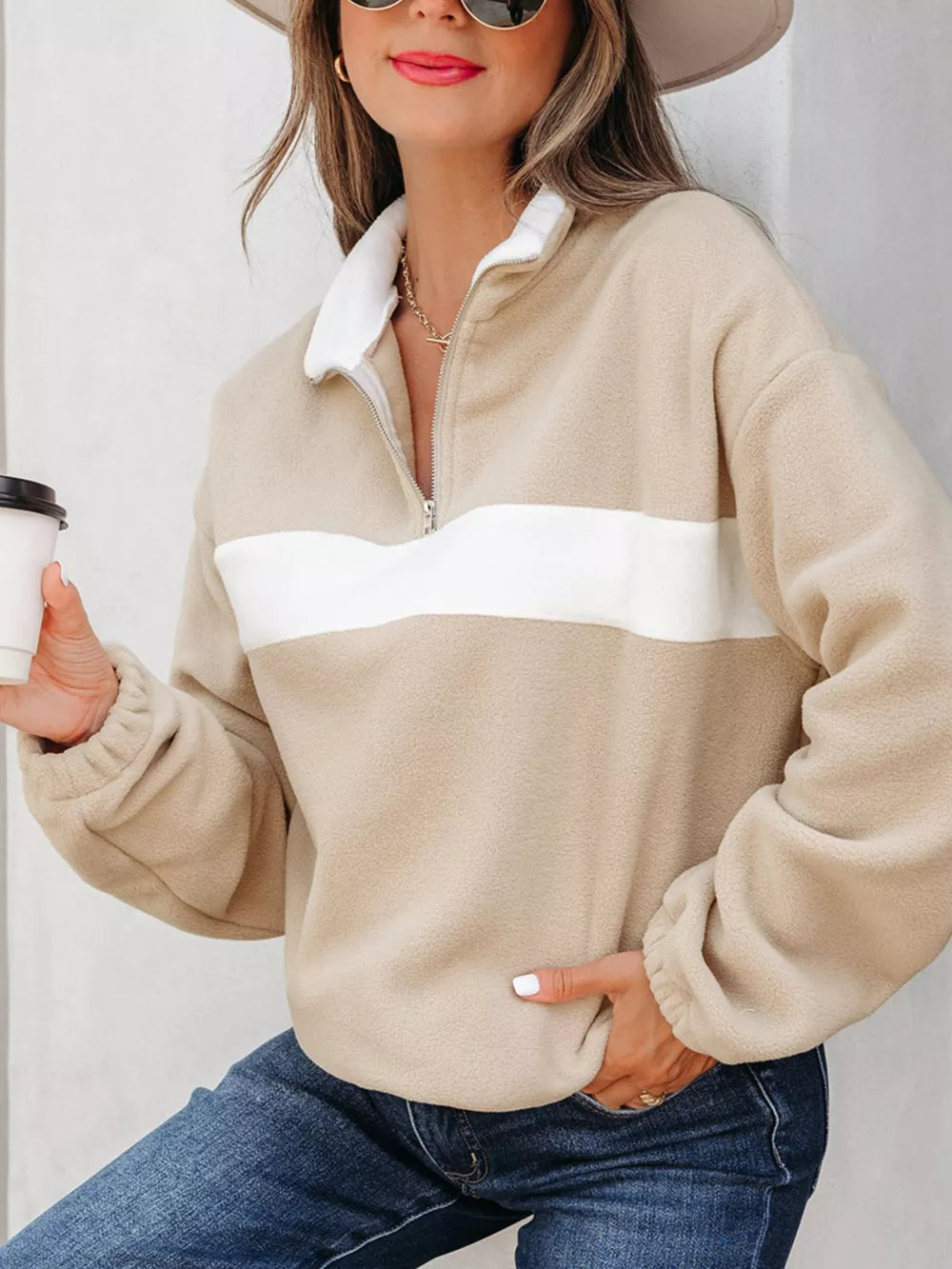 Khaki Fleece Colorblock Patchwork Zipped Neck Pullover
