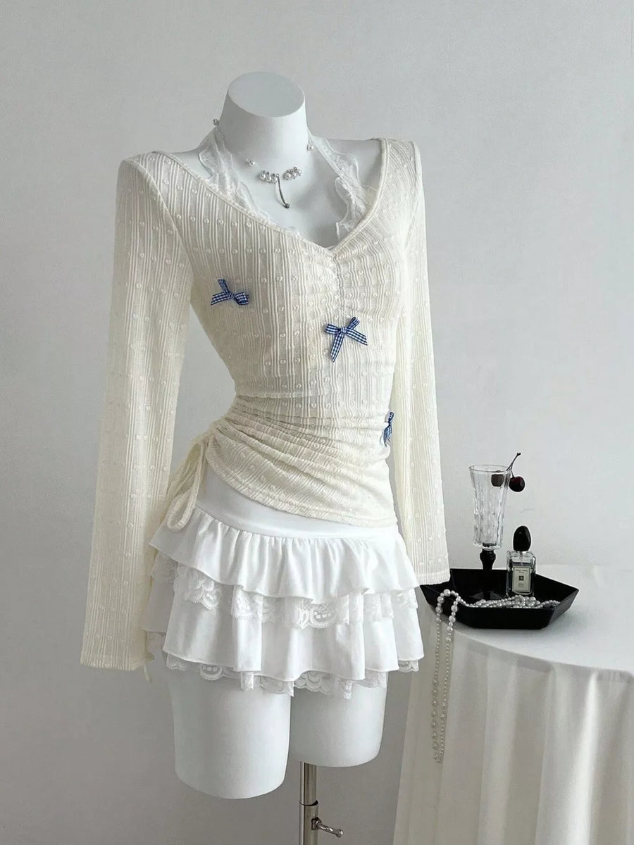 Bow Lace Detail V-neck T-shirt option 3