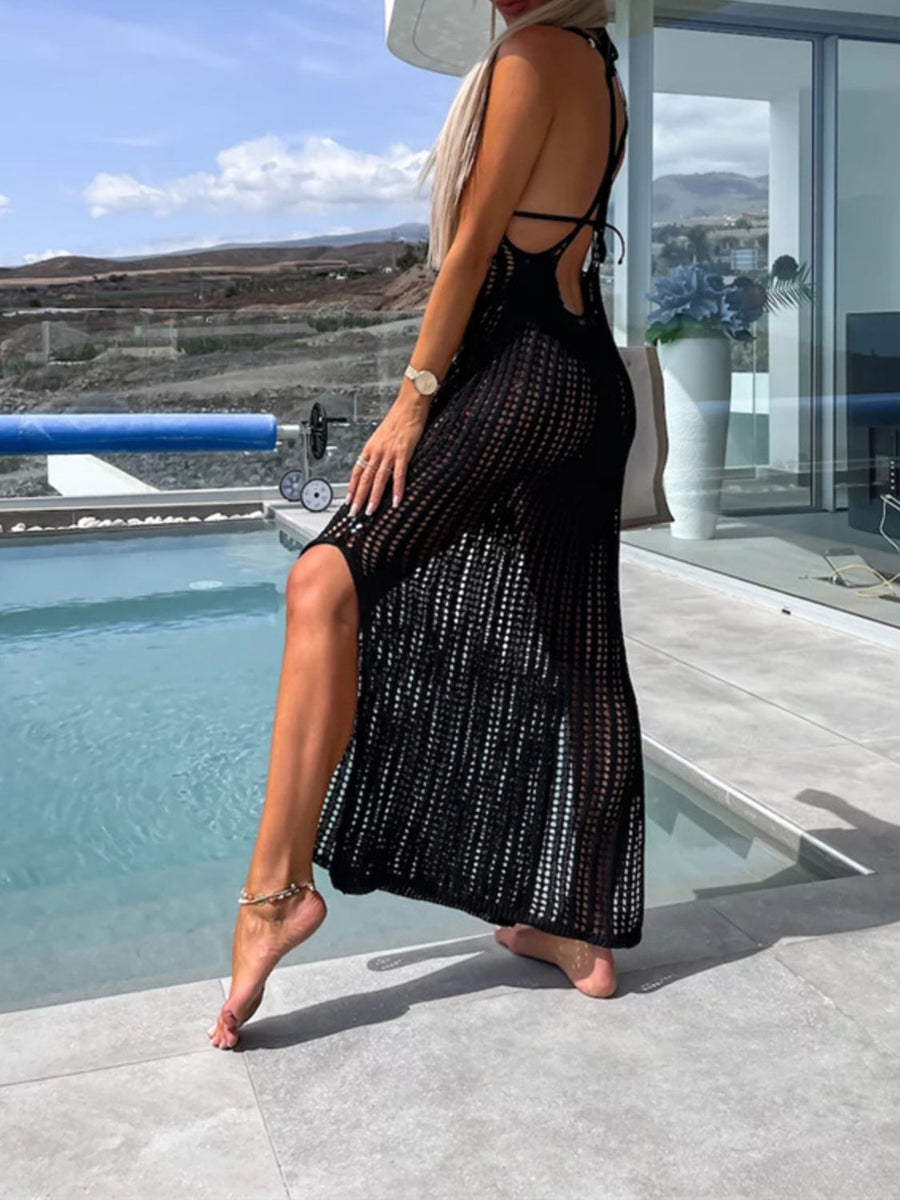 Black open-knit maxi cover-up with a high slit and halter neck.
