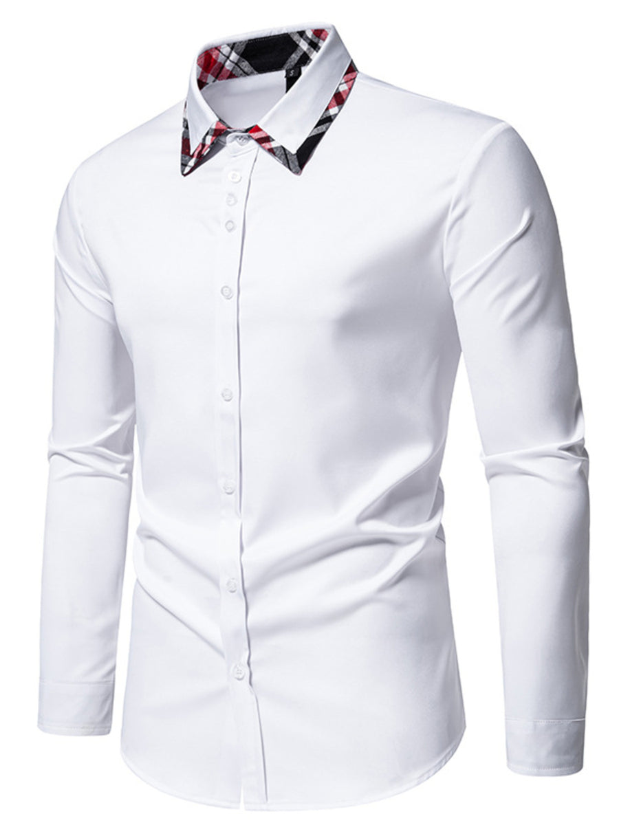 Men's white cotton slim fit shirt with plaid trim collar and button front.