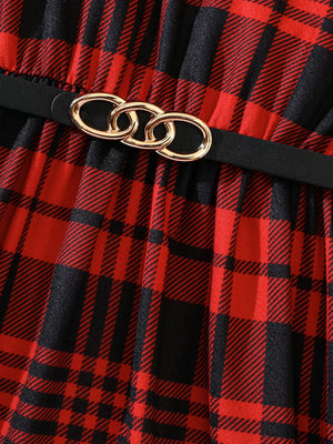 Belted plaid dress in deep red and black with gold buckle detail