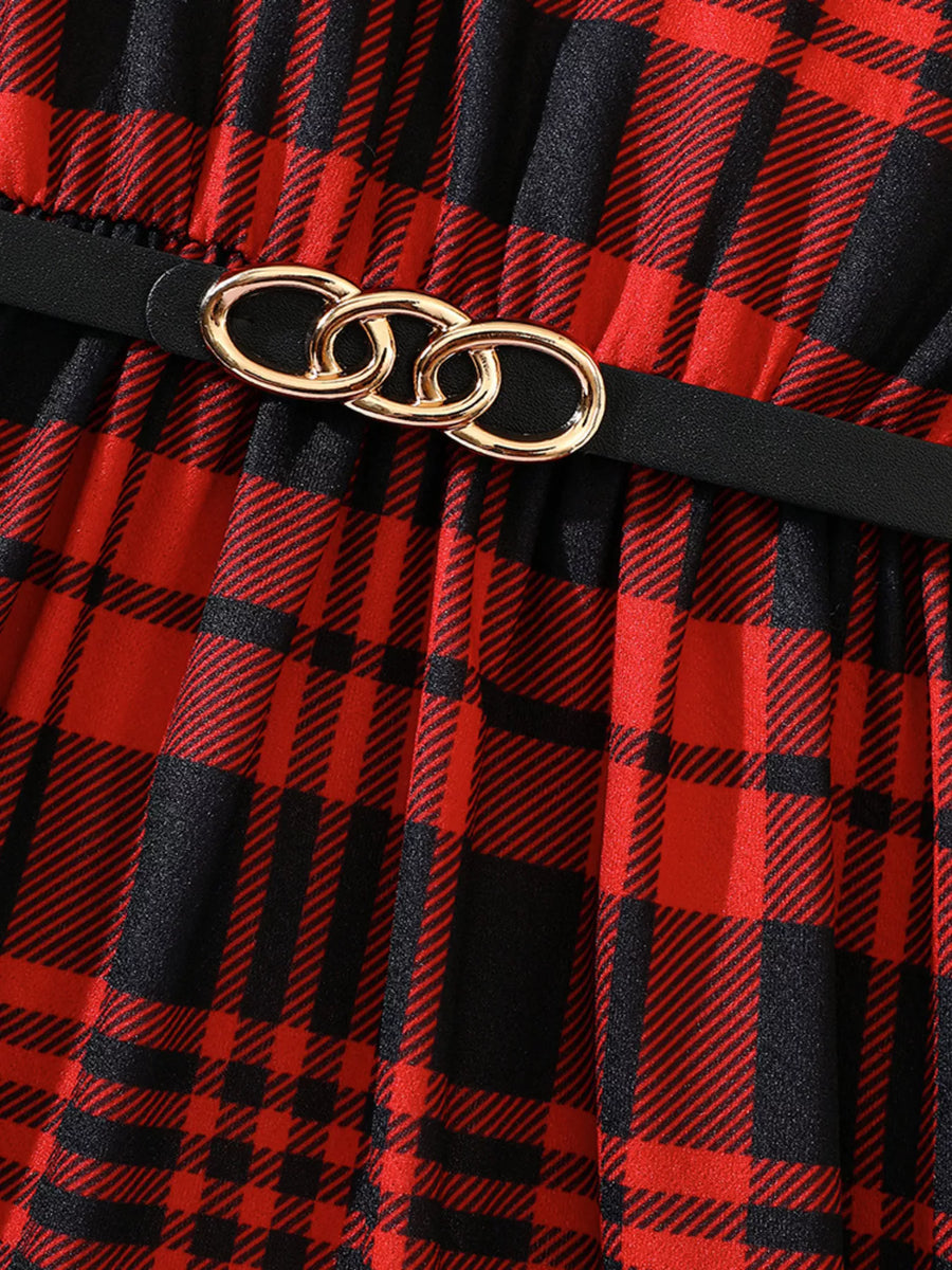 Belted plaid dress in deep red and black with gold buckle detail