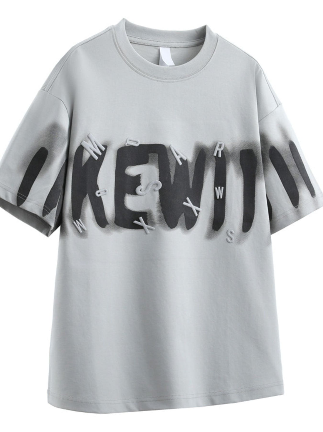 Men's oversized Dusty Gray graphic t-shirt with 3D letter print and spray paint effect.