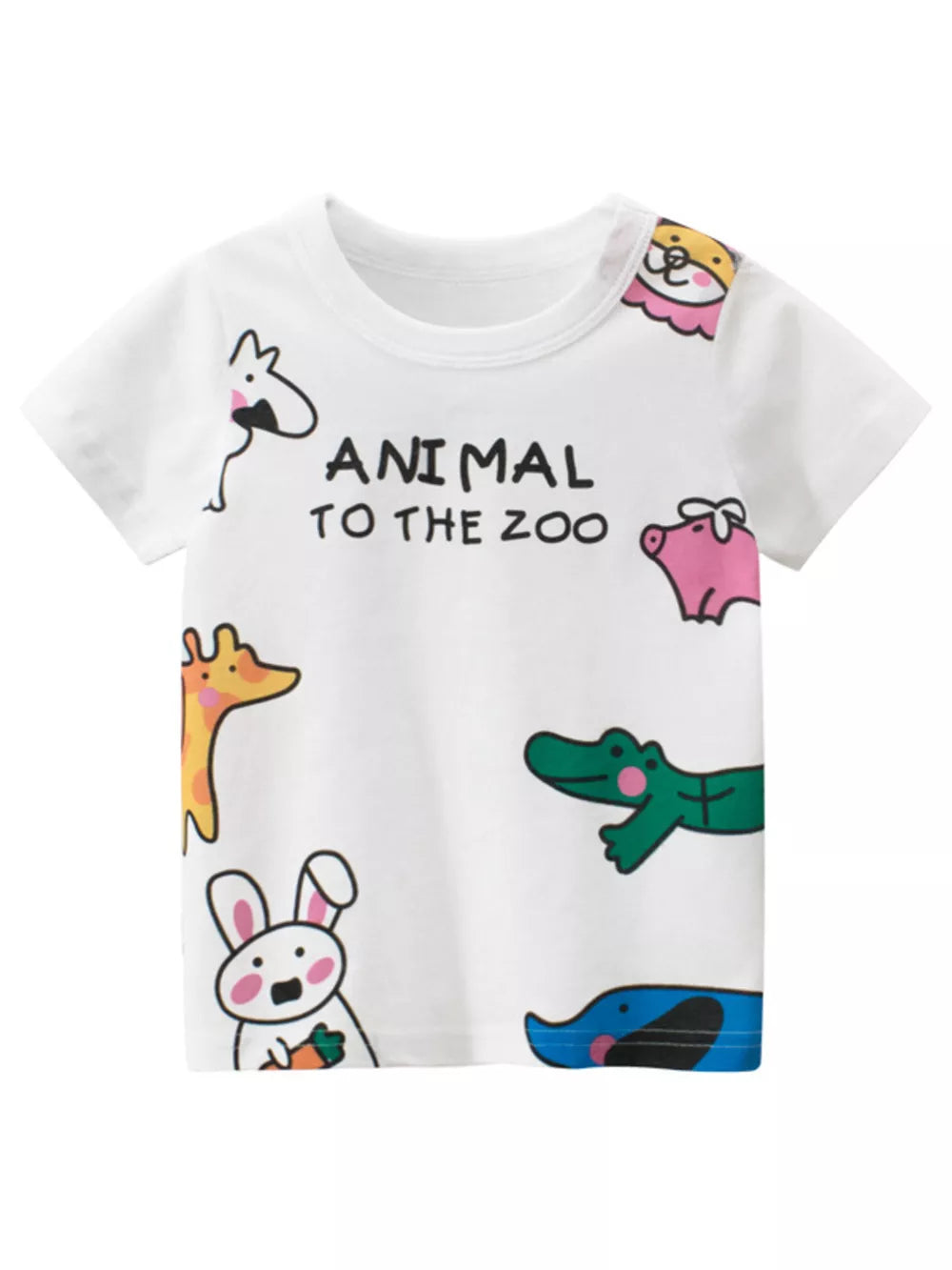 White t-shirt with cartoon zoo animals and text.