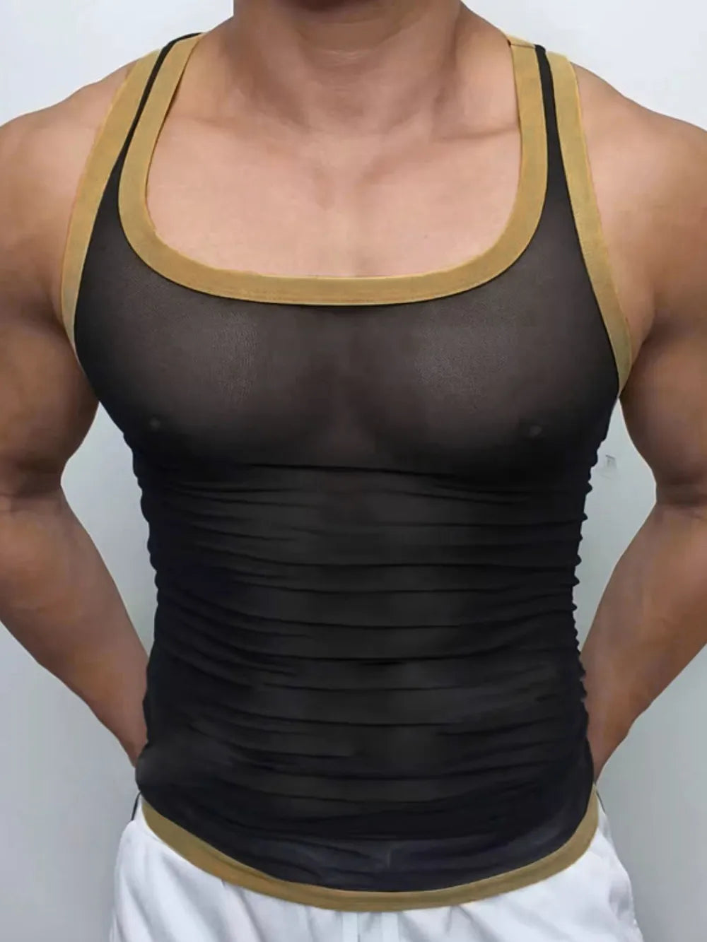 Black mesh tank top with contrast trim and ruched detail