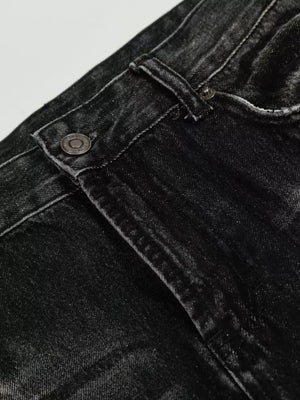 Men's black vintage wash wide leg cotton jeans detail