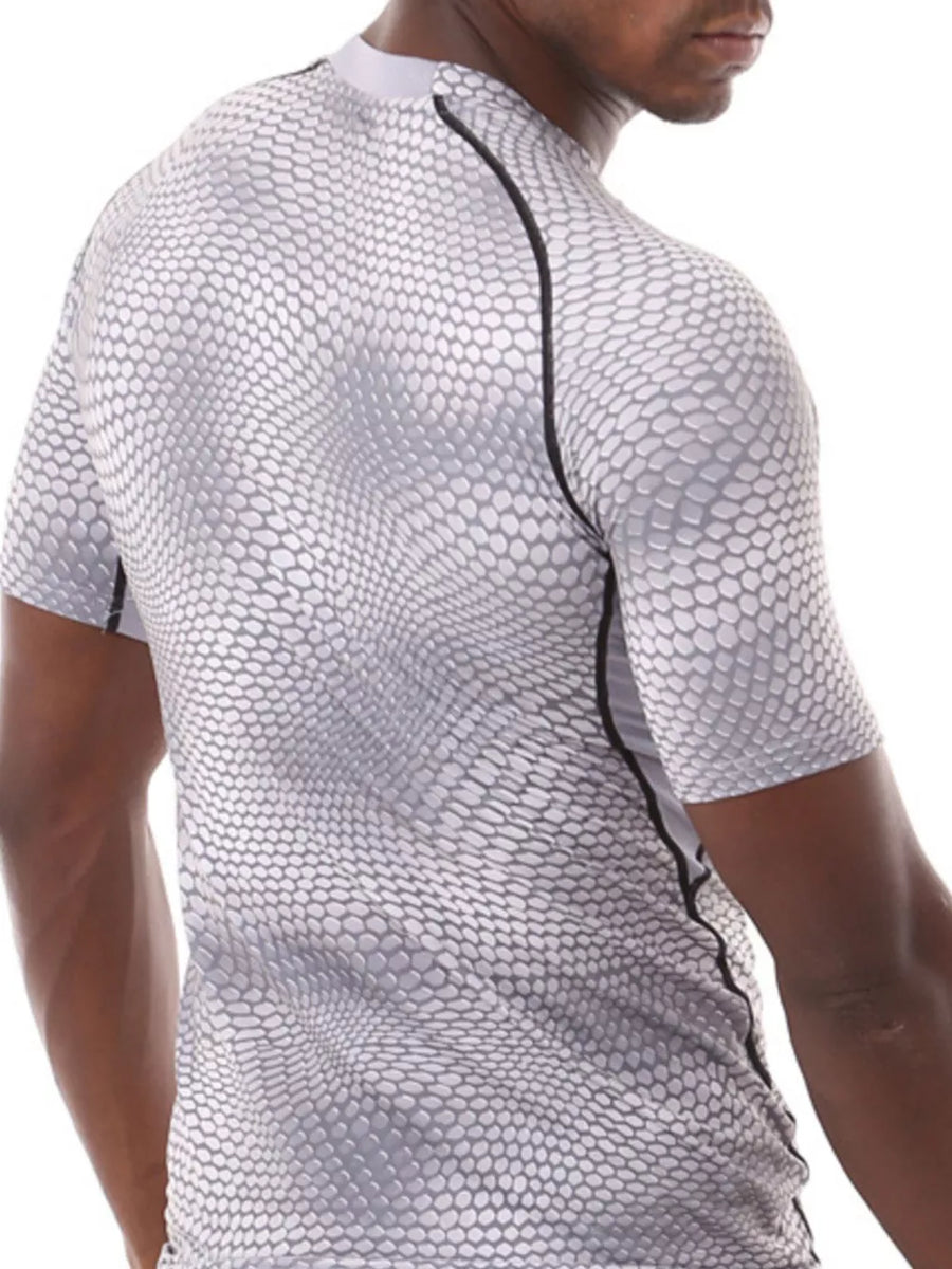 Men's short sleeve compression t-shirt in dark gray with snake print and black side seams.