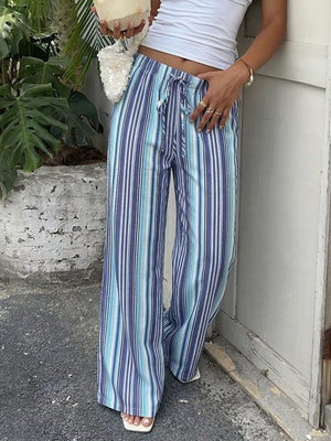 Lively striped drawstring wide-leg pants in blue and white, featuring a comfortable fit and casual style.