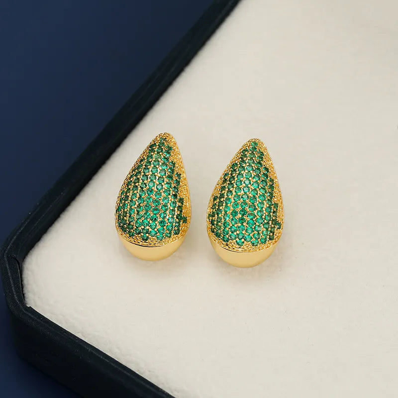 Pave teardrop stud earrings with gold base and green stones