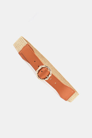 Raffia and leather belt with alloy buckle in caramel color