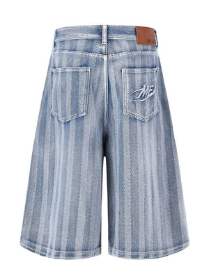 Blue with Men's Stripe Wide Leg Denim Capris