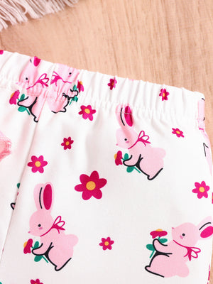 Baby girls' white cotton set with pink bunny and flower print.
