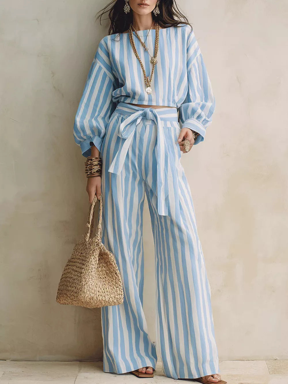 sky blue lounge set with striped and boat neck