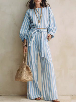 sky blue lounge set with striped and boat neck