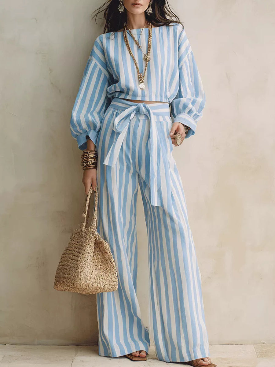 sky blue lounge set with striped and boat neck