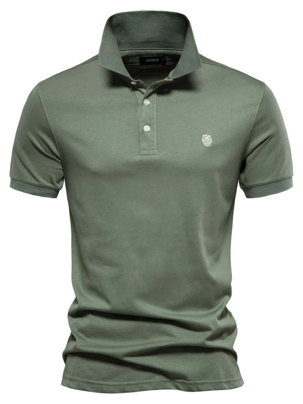 Moss green tailored cotton polo shirt with embroidered crest detail.