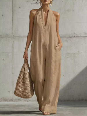 Full Size Halter Neck Wide-leg Jumpsuit Plus Size in Pink