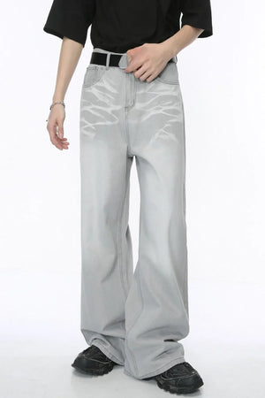 Light wash straight leg jeans with whiskered details and a relaxed fit.