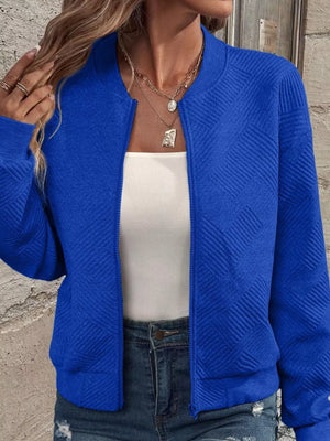 Blue bomber jacket with waist-length and zip-front