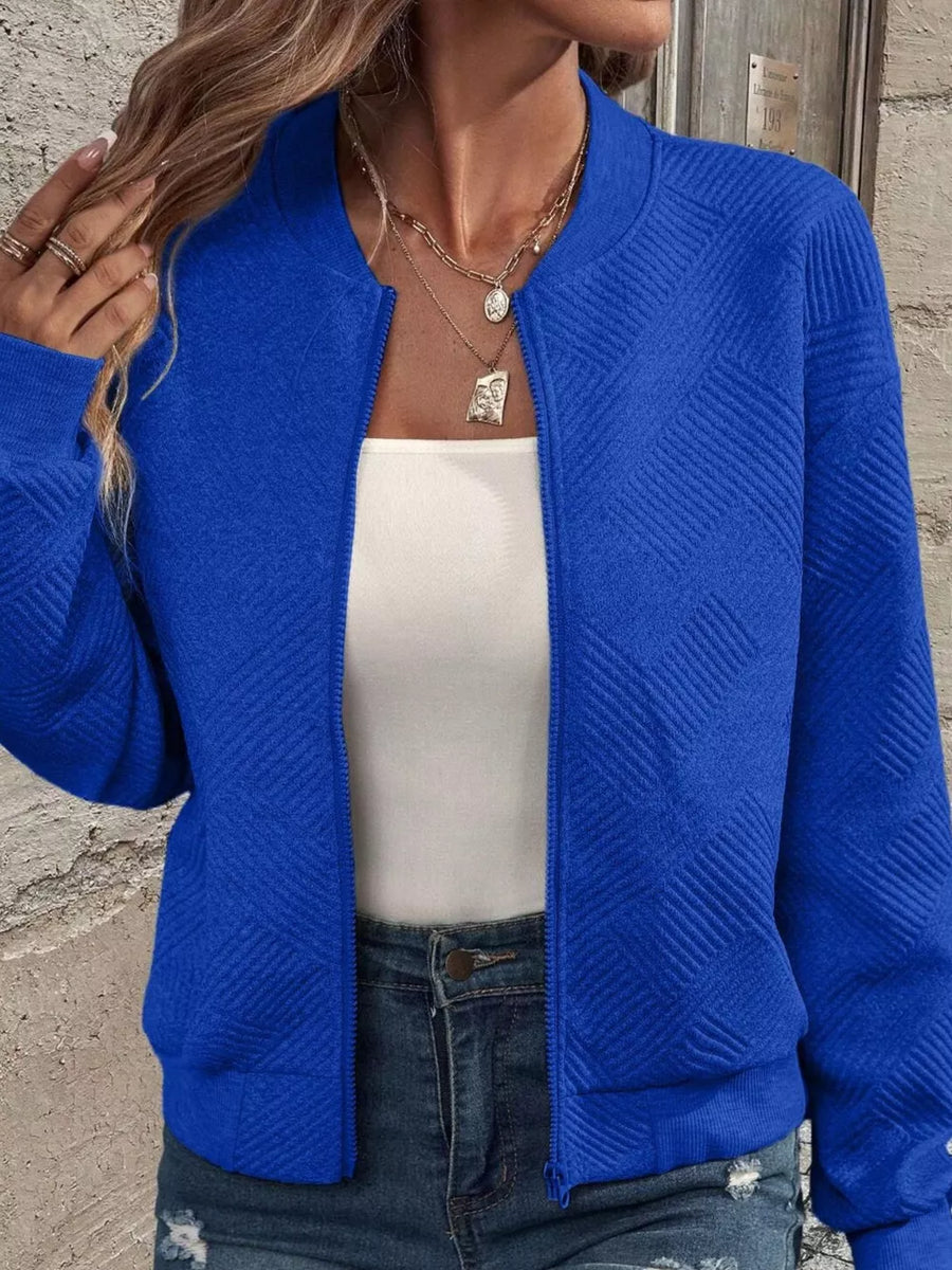 Blue bomber jacket with waist-length and zip-front