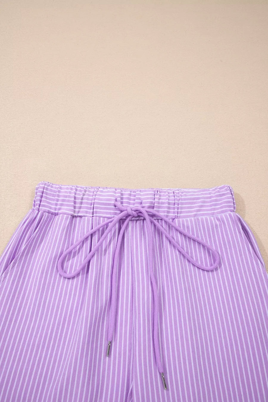 Purple striped cotton drawstring shorts with elastic waistband