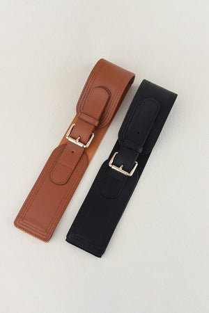 Black and caramel elasticated waist belts with gold buckles and stitched details