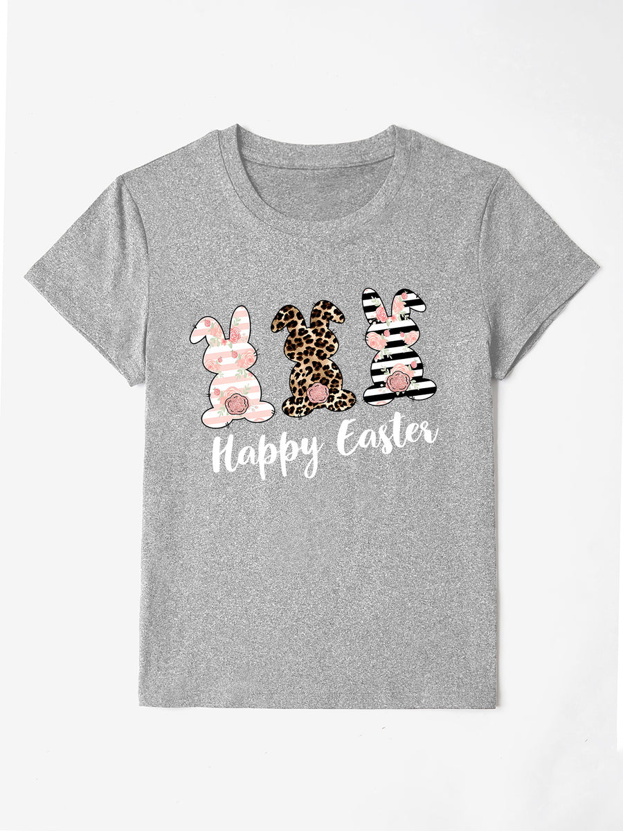 Gray t-shirt with three graphic bunnies and Happy Easter text.