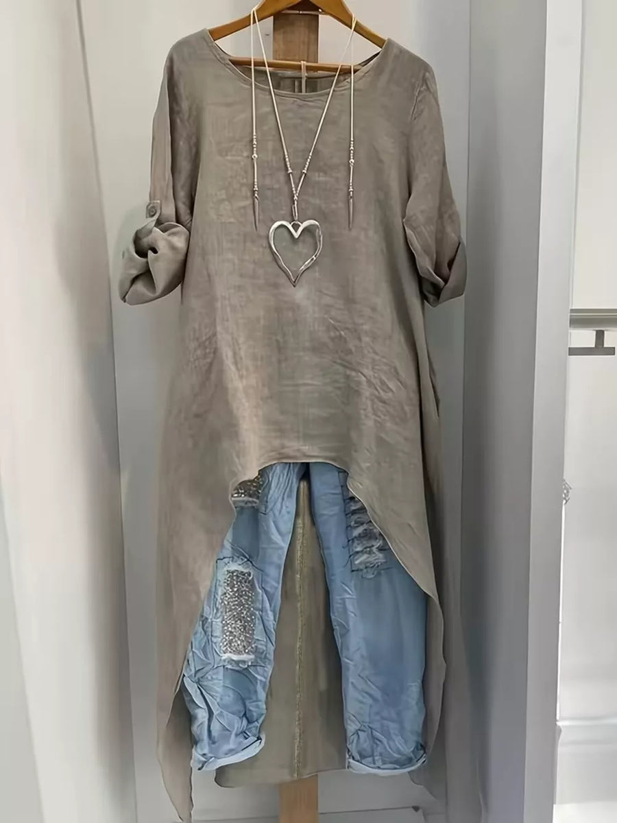 blouse in taupe featuring high-low and loose fit