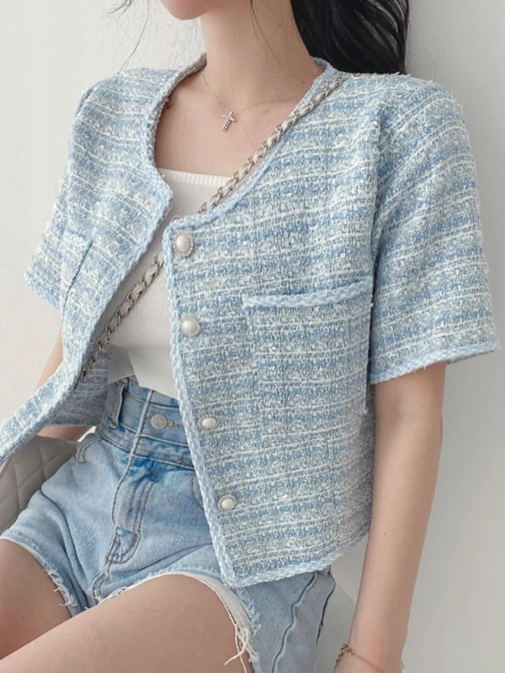 Blue Pearl Button Short Sleeve Tweed Jacket