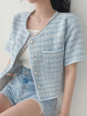 Blue Pearl Button Short Sleeve Tweed Jacket