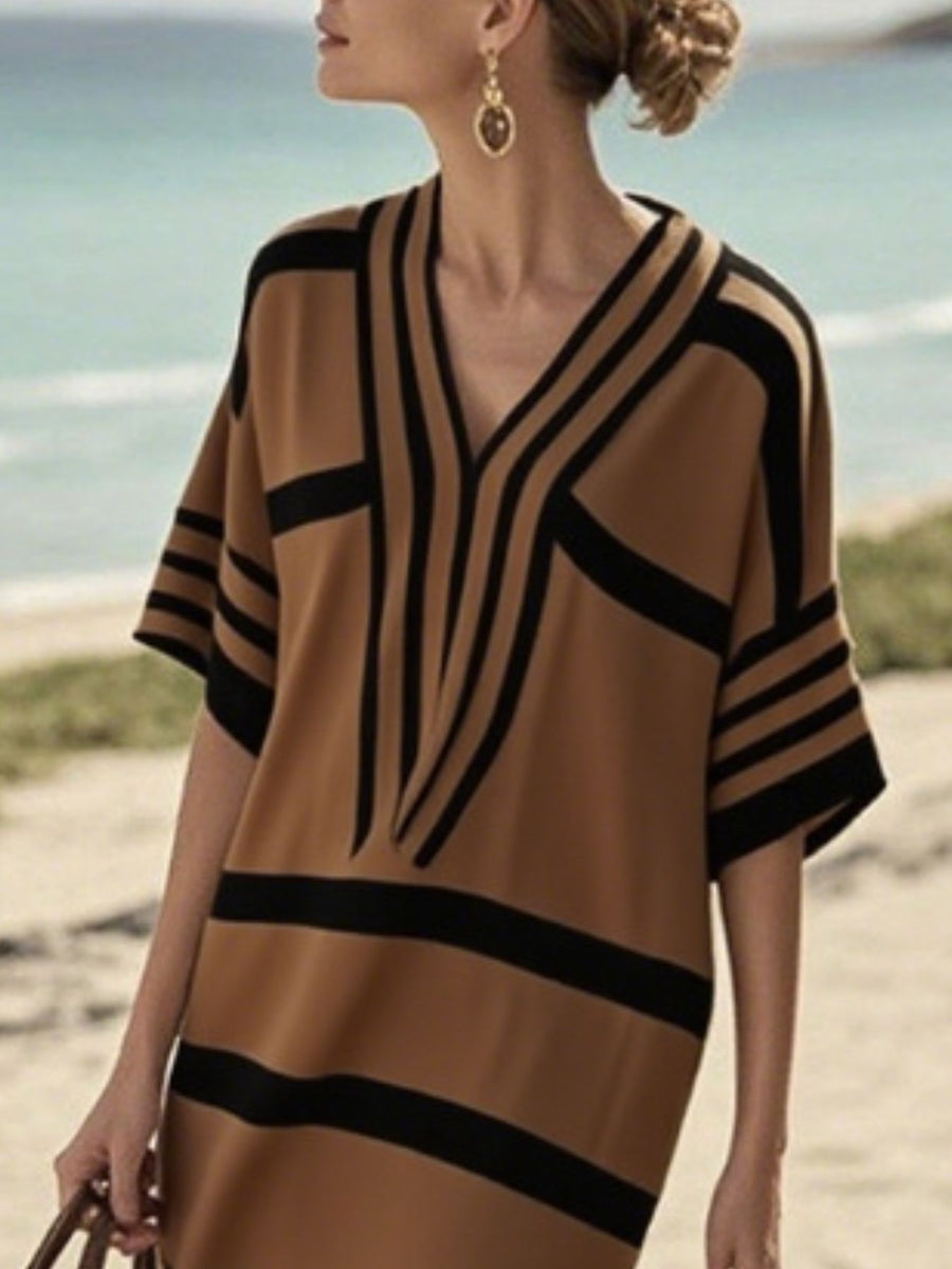 Tan and black striped half sleeve midi dress with a V-neck.