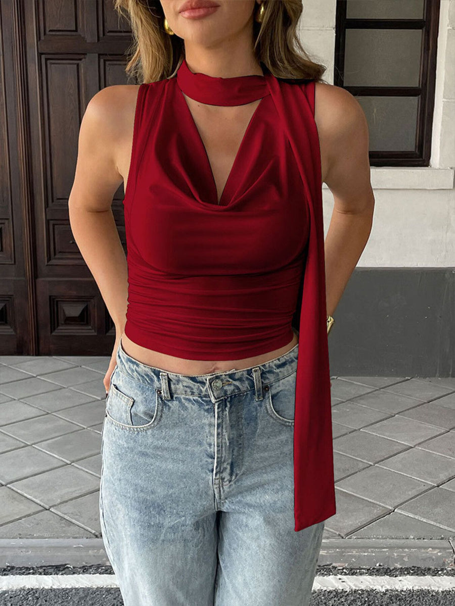 Red cowl neck cami top with choker detail and draped front