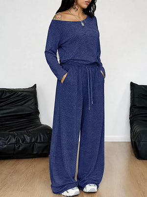 Light Gray Loose Fit One-shoulder T-shirt And Pants Set Plus Size