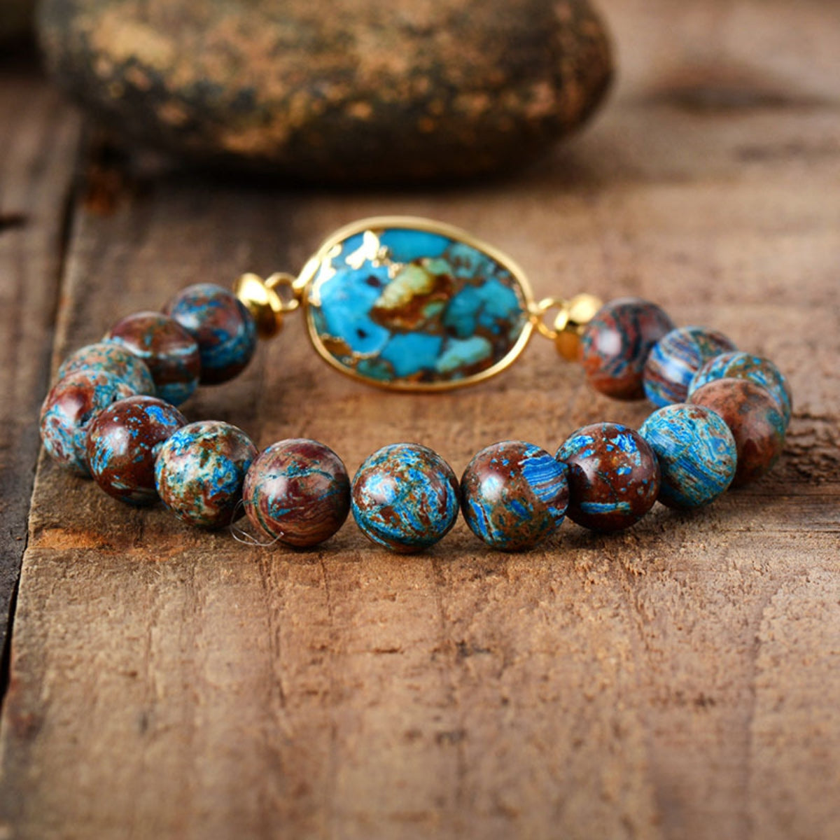 Verdant Stone & Orb Bracelet with aqua stone and brown & blue beads