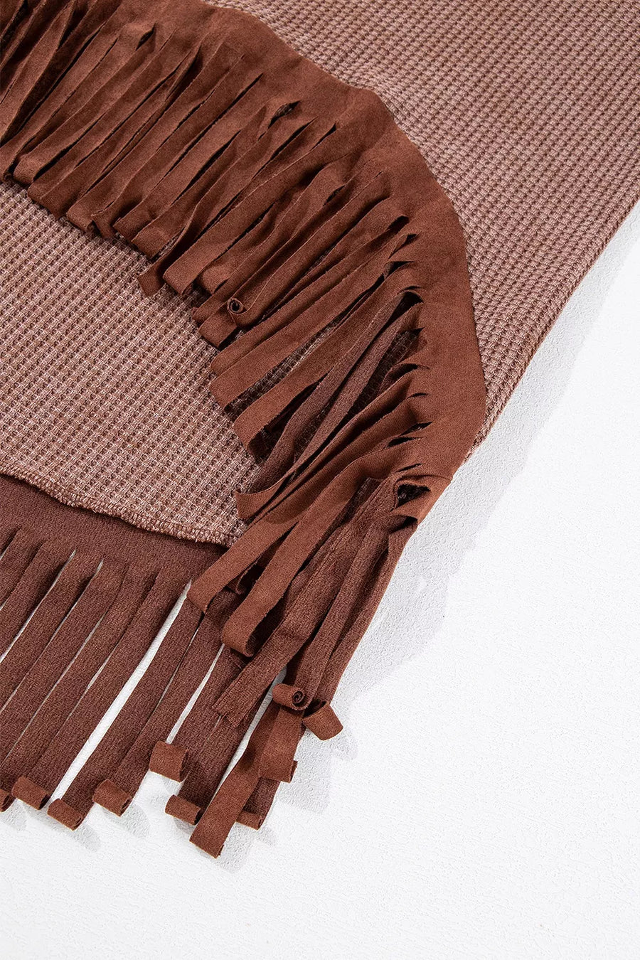 Waffle Knit Fringed High Low Loose Top option 8