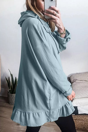 Light Blue with Solid Ruffled Hem Loose Fit Tunic Hoodie