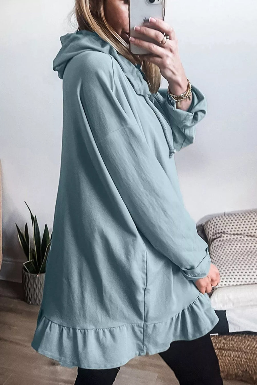 Light Blue with Solid Ruffled Hem Loose Fit Tunic Hoodie