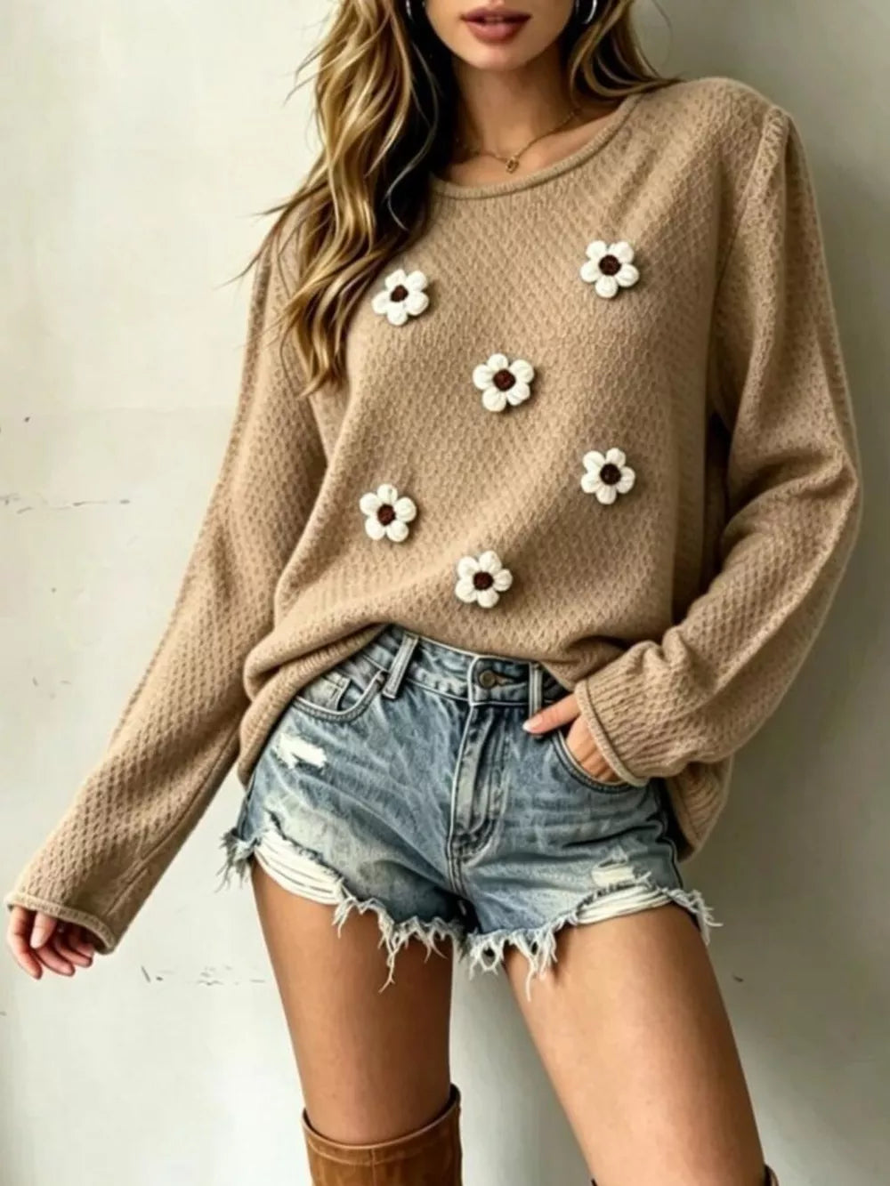 tan pullover sweater with floral and crew neck