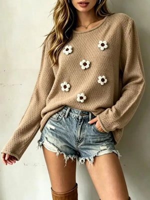 tan pullover sweater with floral and crew neck