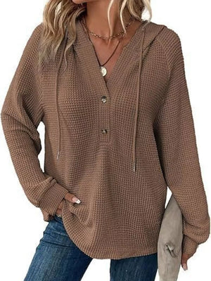 White Full Size Waffle Knit Half-button Hoodie Plus Size
